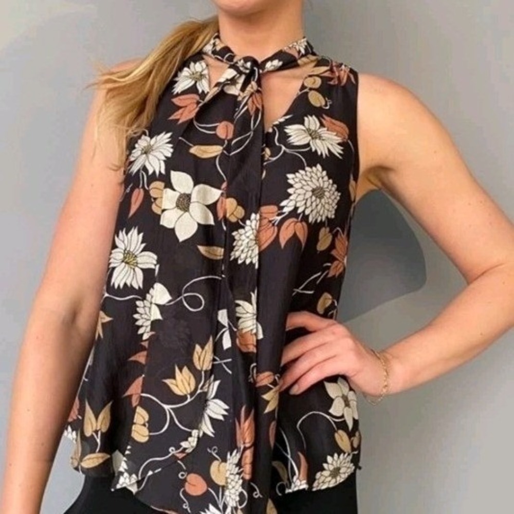 Maeve Anthropologie Black Floral Silk Tie Neck Sleeveless Blouse Size 4